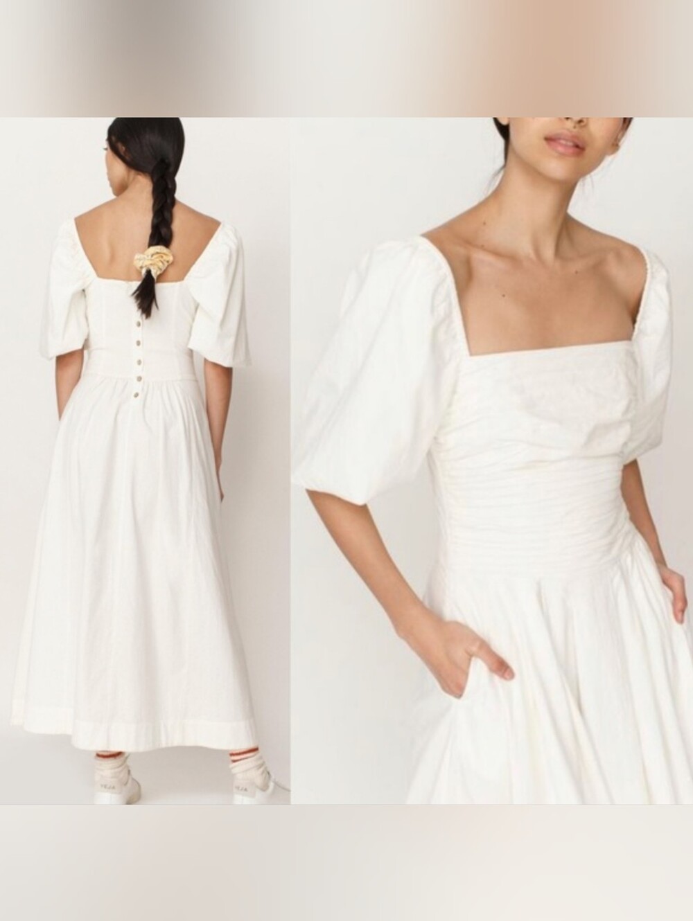 Free People Ain't She A Beaut Midi Dress puff sleeve button back pockets White